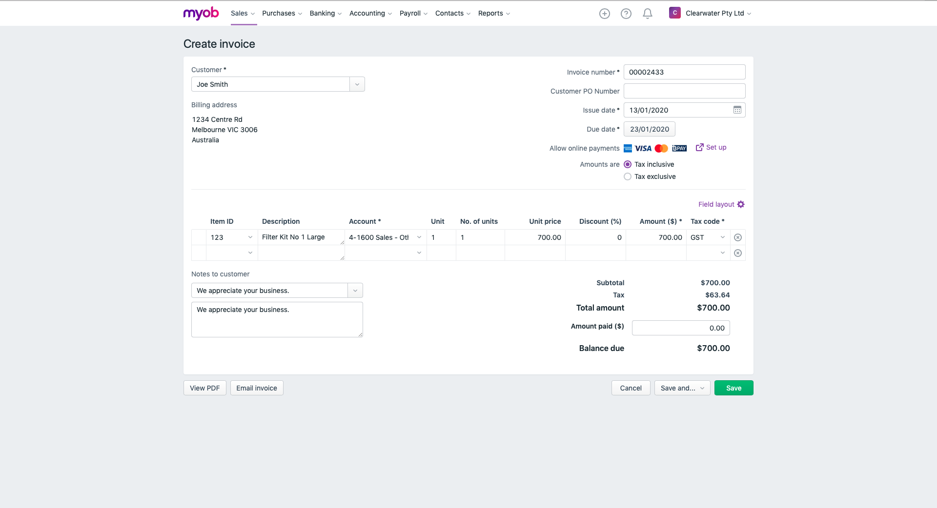 screenshot of MYOB Business